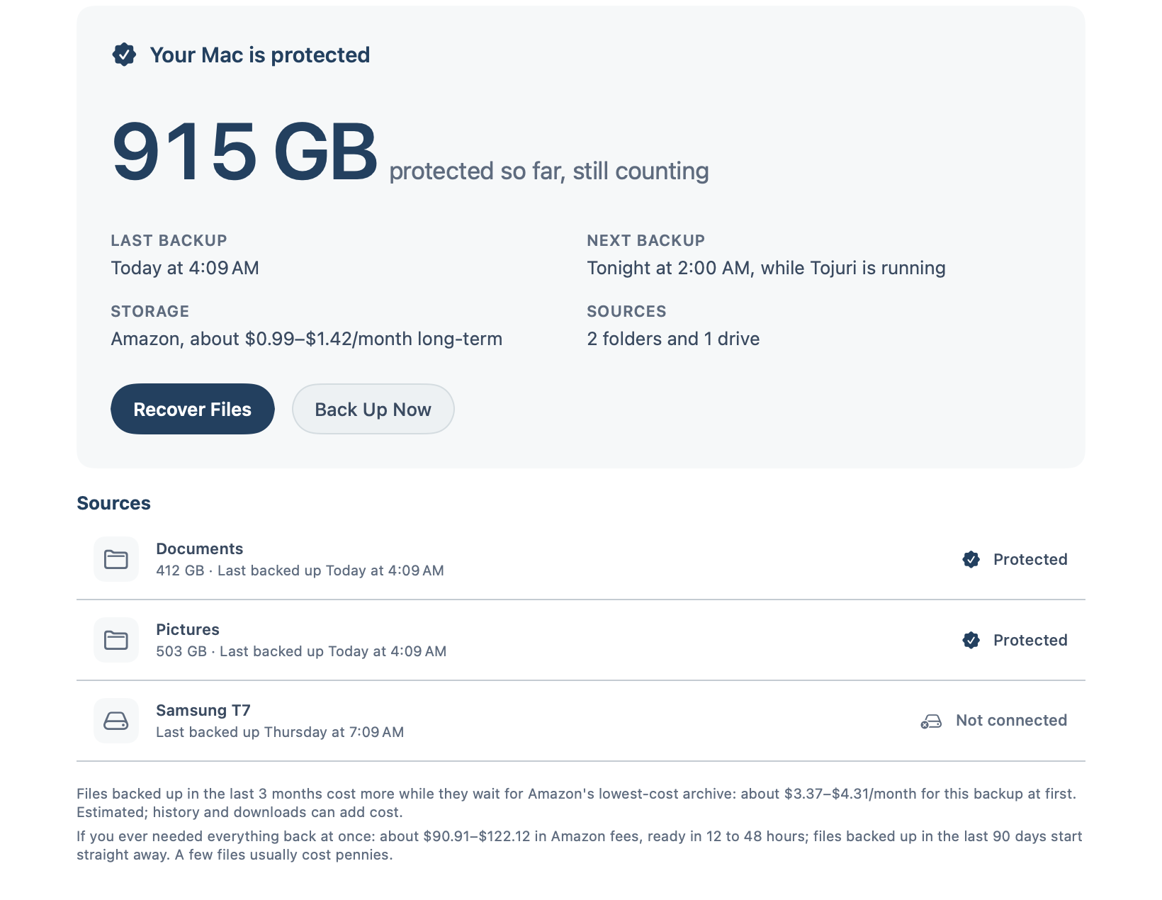 Tojuri Home: your Mac is protected, 915 GB so far, next backup tonight at 2:00 AM.