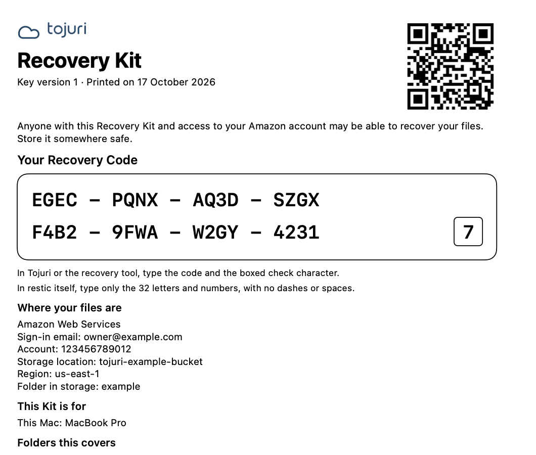 A sample Recovery Kit with a Recovery Code.