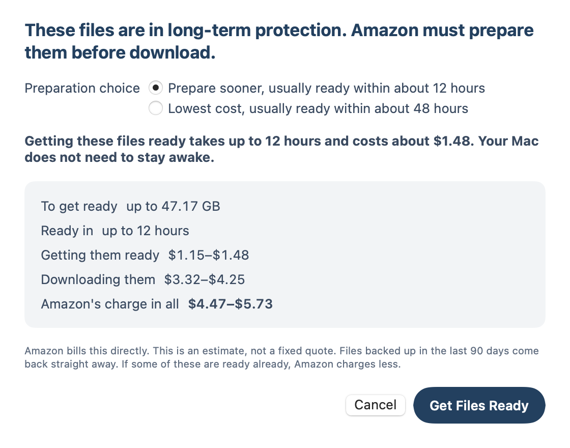 The app asks before anything is charged: prepare sooner, usually ready within about 12 hours, or lowest cost, within about 48 hours, with Amazon's estimated charge.