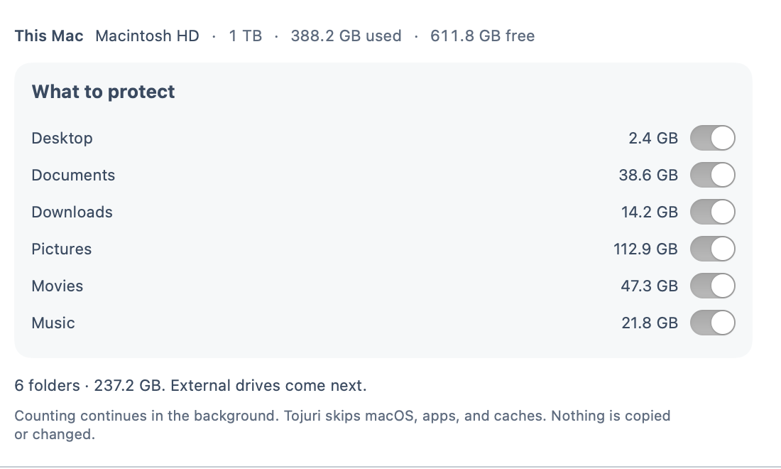 Choose what to protect: Desktop, Documents, Downloads, Pictures, Movies, Music.