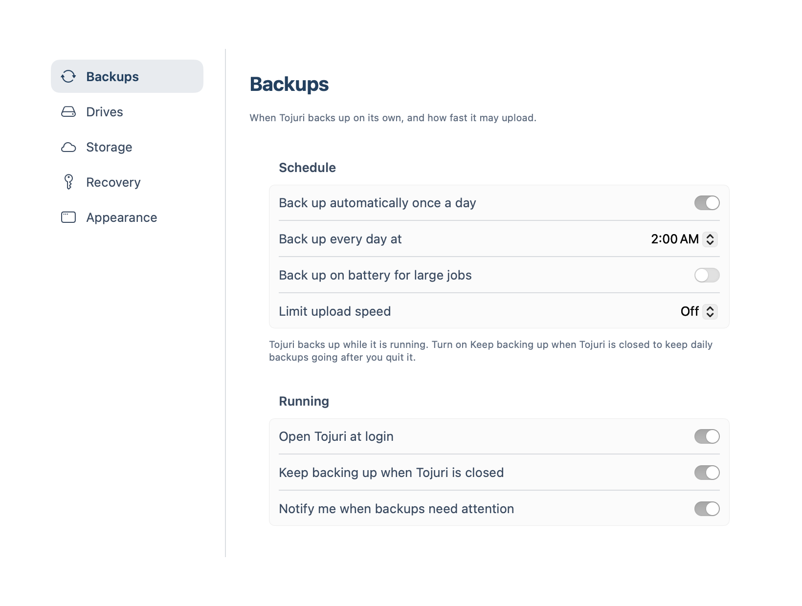 Settings: back up automatically once a day, every day at 2:00 AM.
