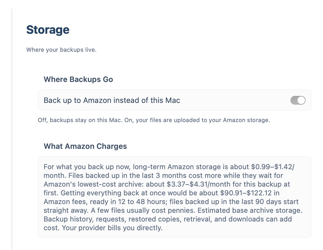 Tojuri's Storage settings, in the app's own words: what Amazon charges long-term, what files backed up in the last 3 months cost while they wait, and what getting everything back costs.