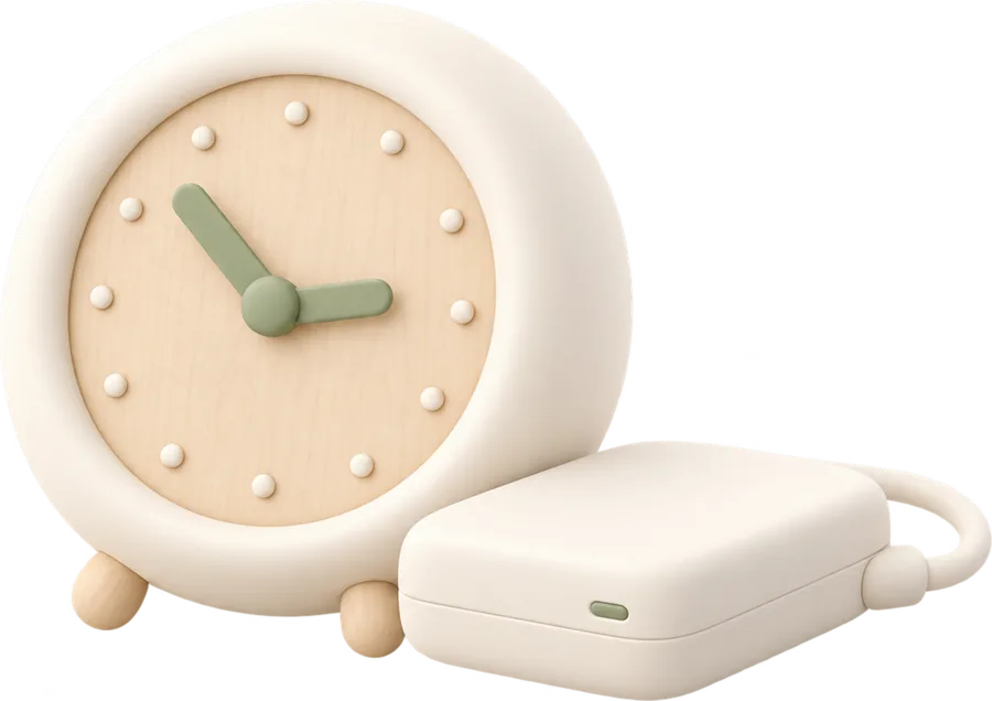 A desk clock beside a small disk