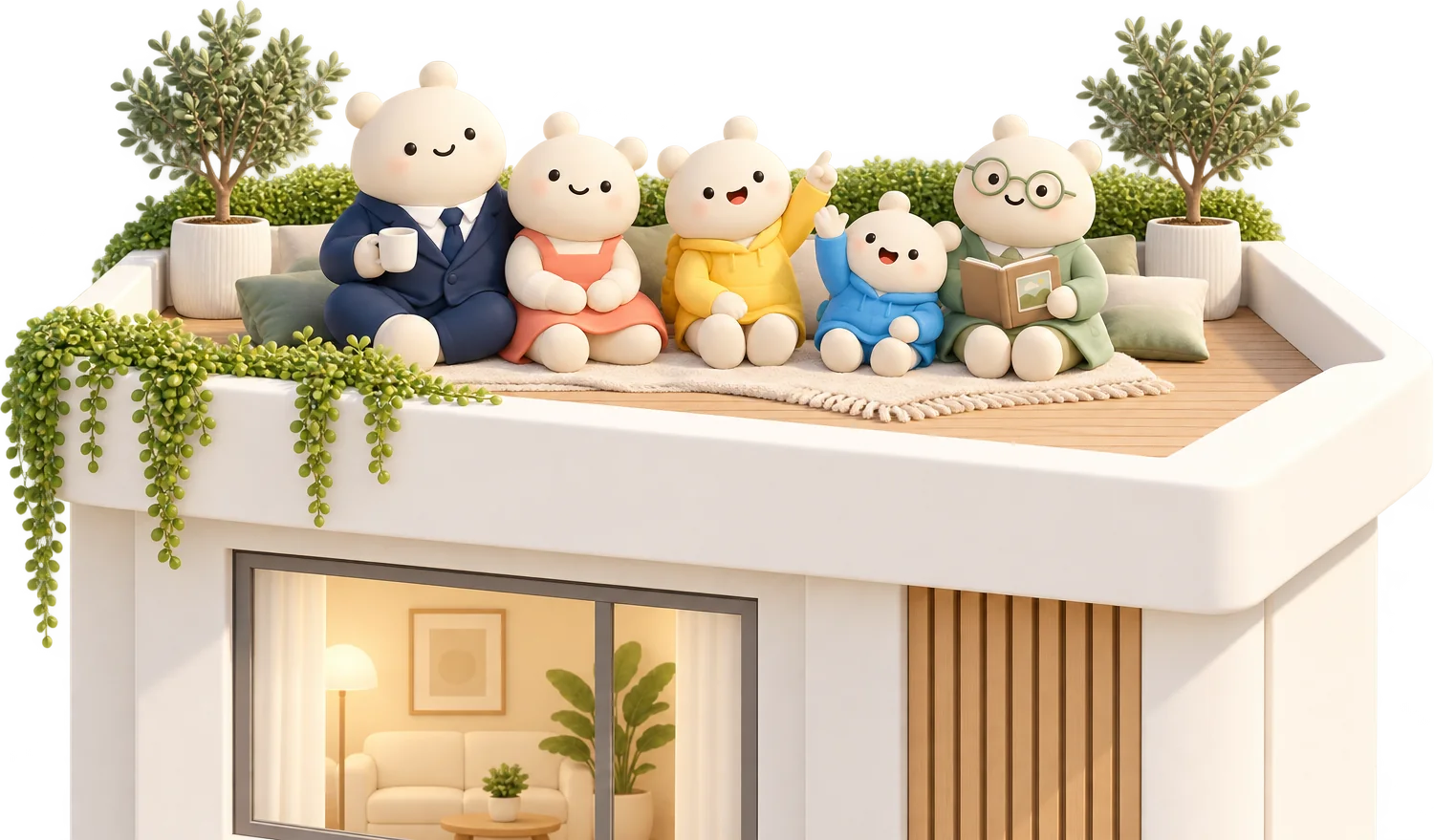 The family on the roof of 14 Pebble Row, under the cloud.